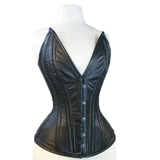 Genuine Real Sheep Leather & Stainless Steel Spiral Bones Over Bust Corset Black