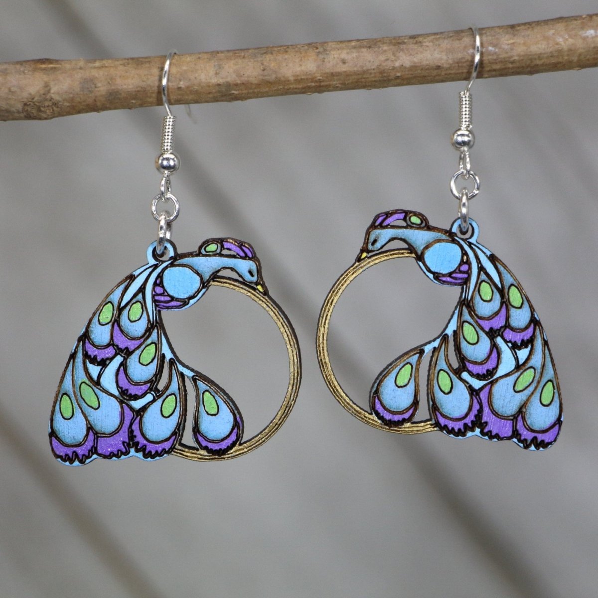 Peacock Wooden Earrings | Boho Bird Gold Ring Jewelry