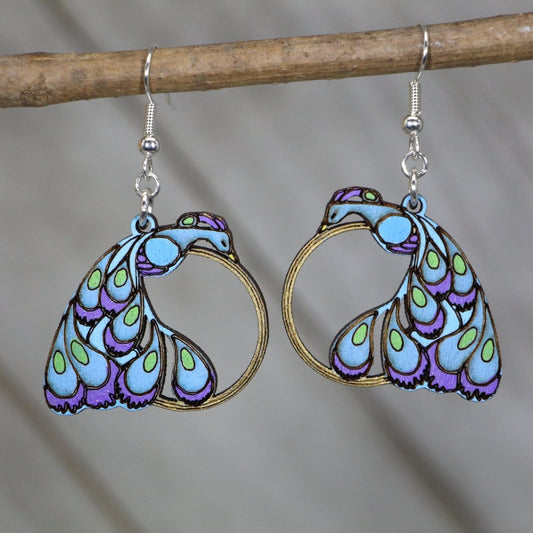 Peacock Wooden Earrings | Boho Bird Gold Ring Jewelry