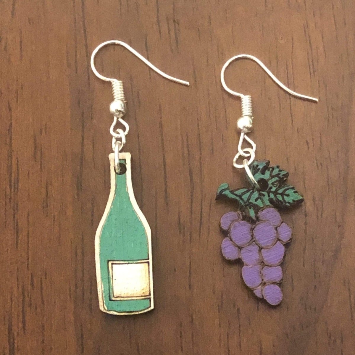 Wine Bottle and Grapes Wooden Dangle Earrings | Wine Lover Jewelry