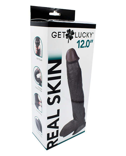 Get Lucky 12" Real Skin Dildo - Dark Brown