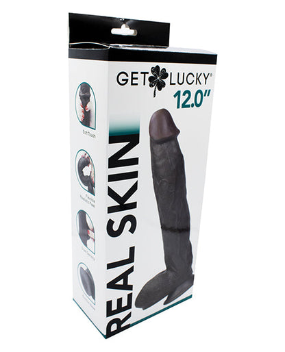 Get Lucky 12" Real Skin Dildo - Dark Brown