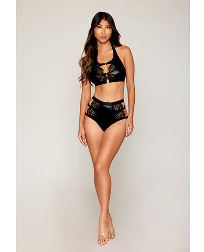 Stretch Faux Leather Bralette & High-Waisted Panty Black XL