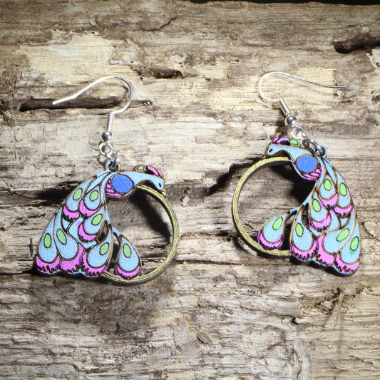 Peacock Wooden Earrings | Boho Bird Gold Ring Jewelry