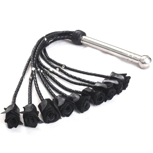 Rose Flogger Real Genuine Cowhide Leather 9 Braided Falls Heavy Black Roses & Steel Studs Cat-o-nine Tails Steel Handle