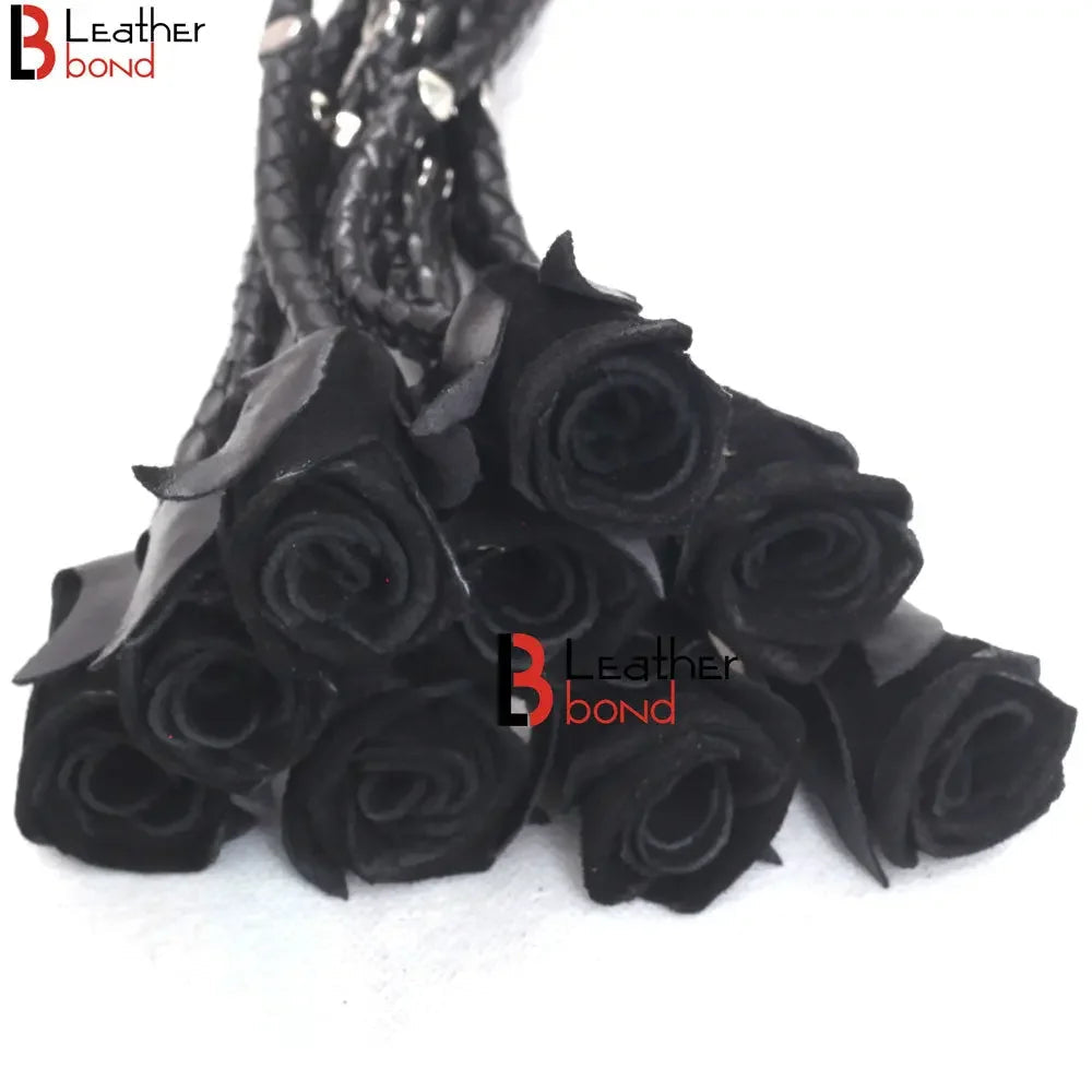 Rose Flogger Real Genuine Cowhide Leather 9 Braided Falls Heavy Black Roses & Steel Studs Cat-o-nine Tails Steel Handle