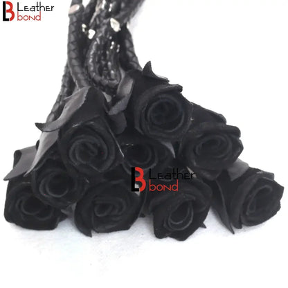 Rose Flogger Real Genuine Cowhide Leather 9 Braided Falls Heavy Black Roses & Steel Studs Cat-o-nine Tails Steel Handle