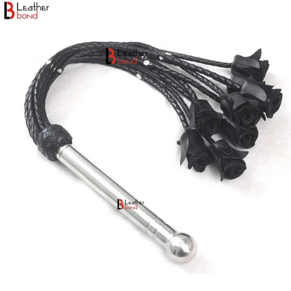 Rose Flogger Real Genuine Cowhide Leather 9 Braided Falls Heavy Black Roses & Steel Studs Cat-o-nine Tails Steel Handle