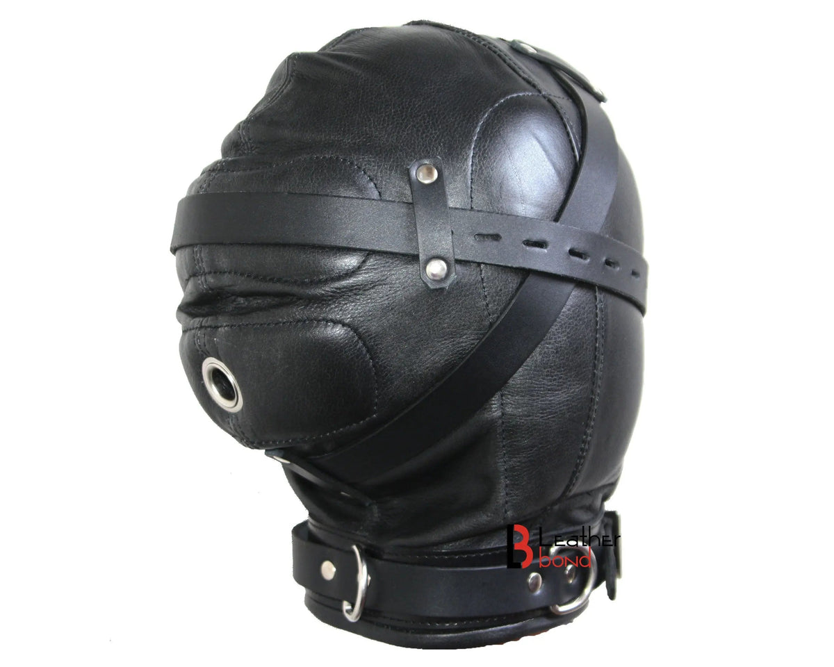 Cowhide Leather Sensory Deprivation Hood Padded & Lockable BDSM Mask | Costume Reenactment Gear