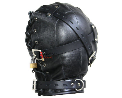 Cowhide Leather Sensory Deprivation Hood Padded & Lockable BDSM Mask | Costume Reenactment Gear