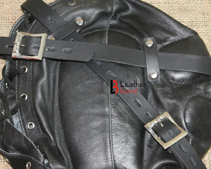Cowhide Leather Sensory Deprivation Hood Padded & Lockable BDSM Mask | Costume Reenactment Gear