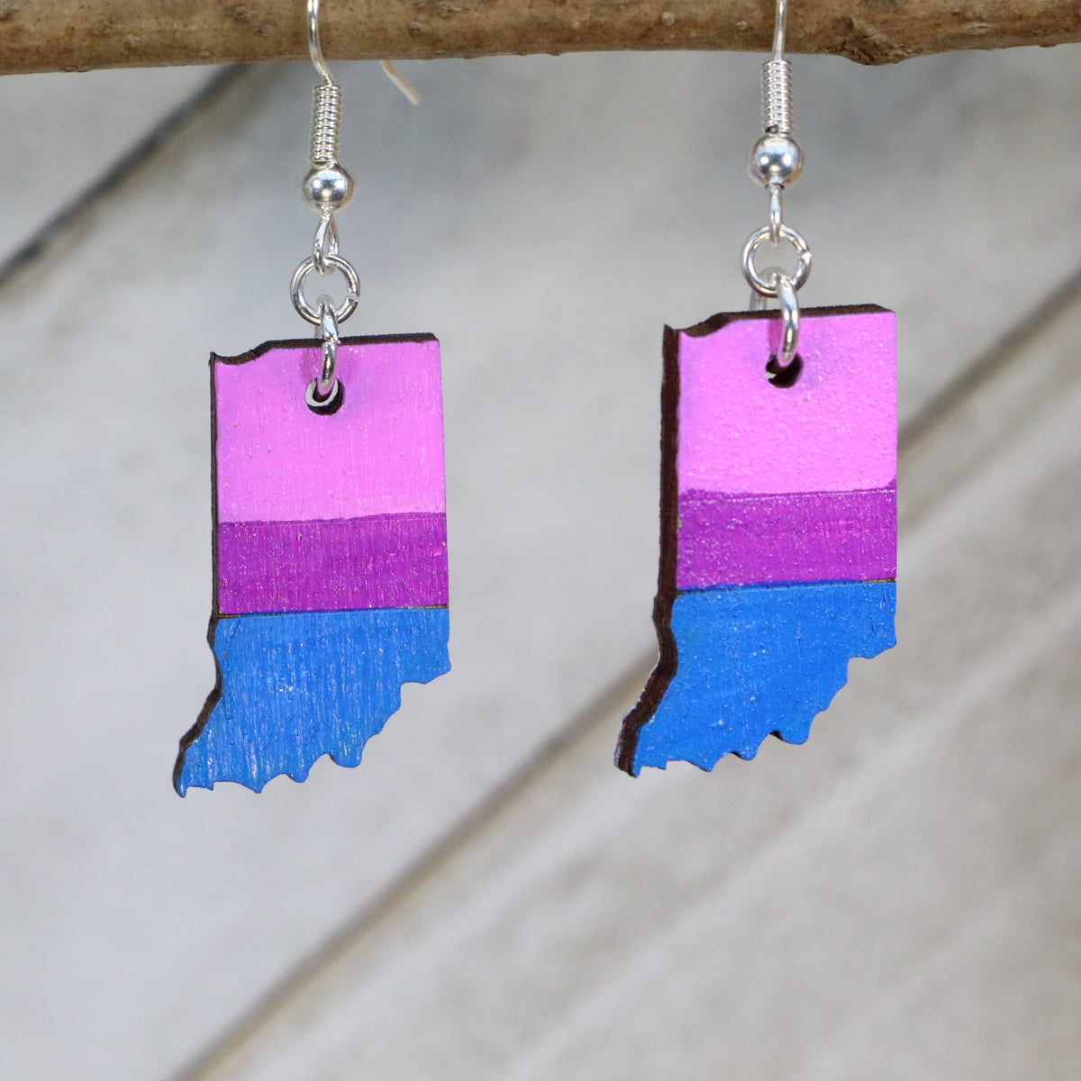 Indiana Bisexual Pride Flag Wooden Dangle Earrings | LGBTQ State Pride Jewelry
