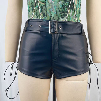 Women Leather Low Waisted Shorts Sexy Sexy Belt Corns Lace up Pants