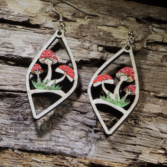 Red Mushroom Garden Wooden Dangle Earrings | Cottagecore Nature Jewelry