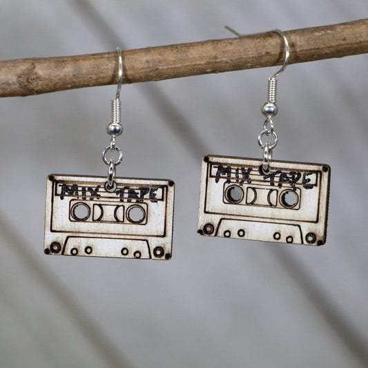 Retro Cassette Tape Wooden Dangle Earrings | Vintage Music Jewelry