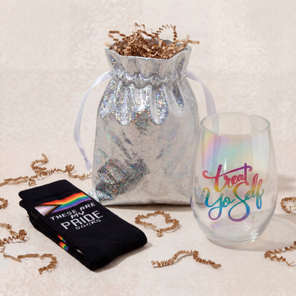 Treat Yo Self Gift Set | Jumbo Wine Glass & Pride Socks in Gift Bag | Ready to Gift!