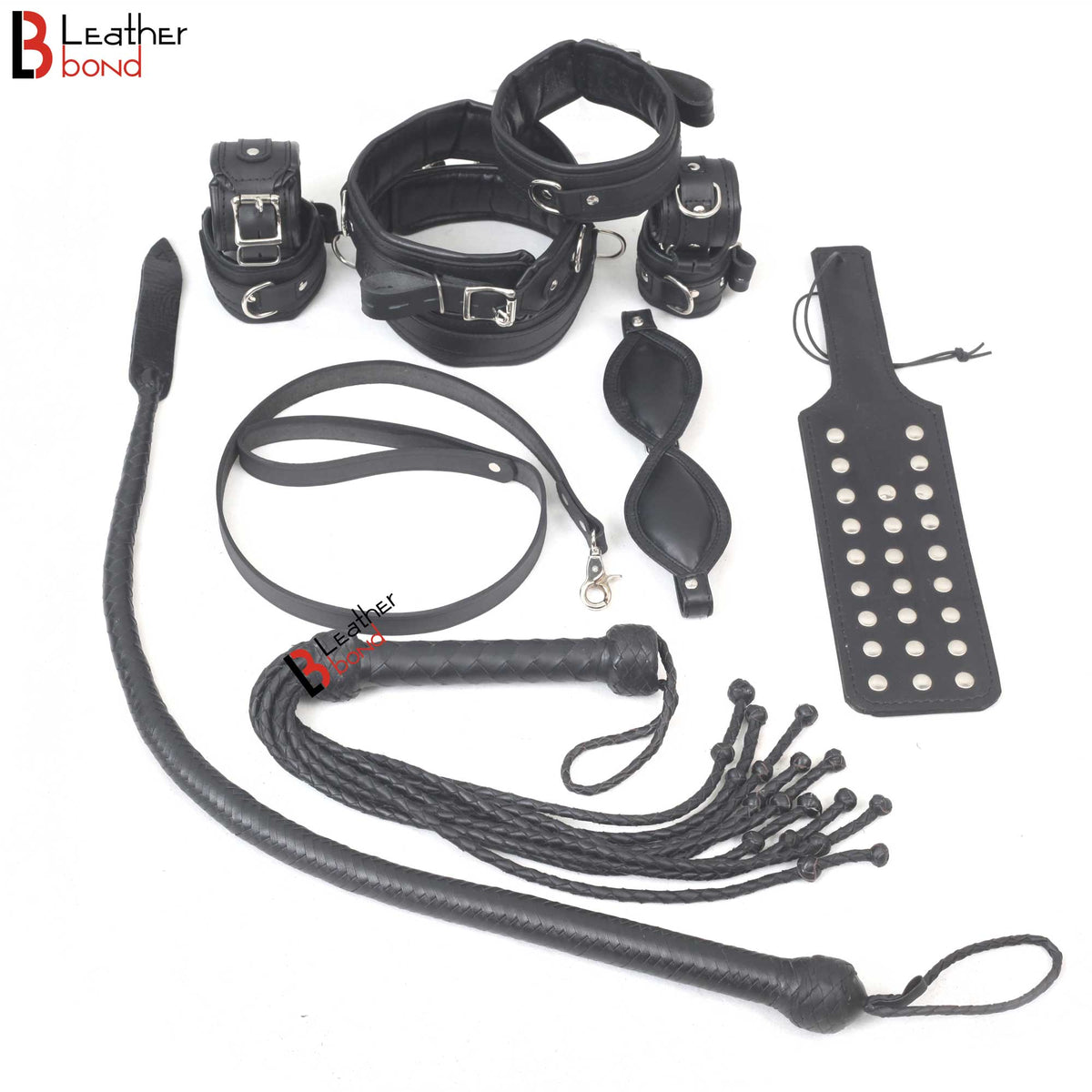 Bad Boy Hard Leather Bondage Kit Wrist, Ankle & Thigh Cuffs, Collar, Paddles, Flogger, Blindfold & Leash | Black
