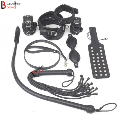 Bad Boy Hard Leather Bondage Kit Wrist, Ankle & Thigh Cuffs, Collar, Paddles, Flogger, Blindfold & Leash | Black