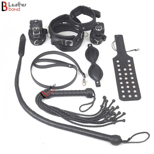 Bad Boy Hard Leather Bondage Kit Wrist, Ankle & Thigh Cuffs, Collar, Paddles, Flogger, Blindfold & Leash | Black
