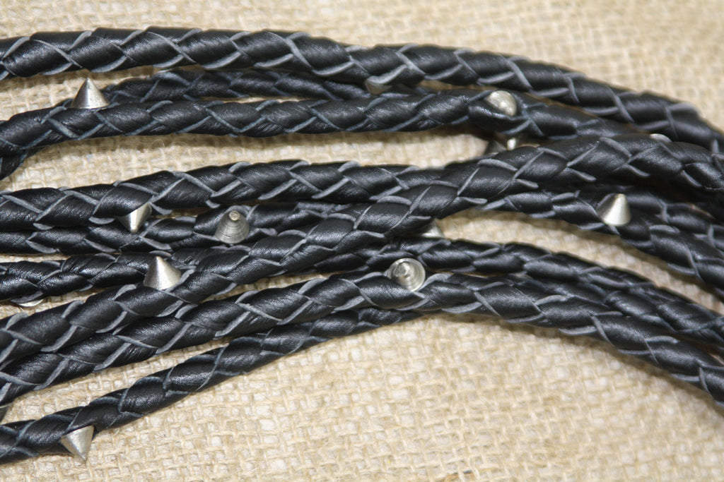 Real Genuine Cowhide Leather Flogger 9 Braided Falls, Heavy Red Roses & Steel Studs Cat-o-Nine-Tails by Leather Bond