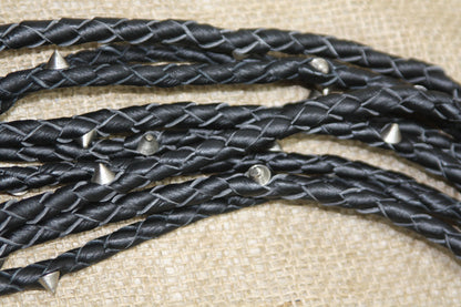 Real Genuine Cowhide Leather Flogger 9 Braided Falls, Heavy Red Roses & Steel Studs Cat-o-Nine-Tails by Leather Bond