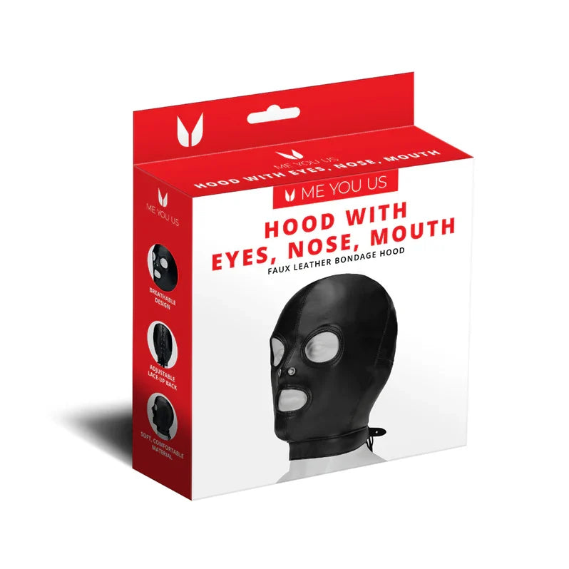 Me You Us Faux Leather BDSM Hood with Eyes, Nose, and Mouth