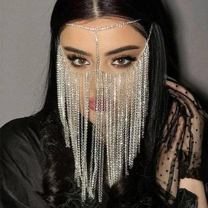 MAC054 Rhinestone Tassel Face Chain Mask - Bling Cover for Parties & Events